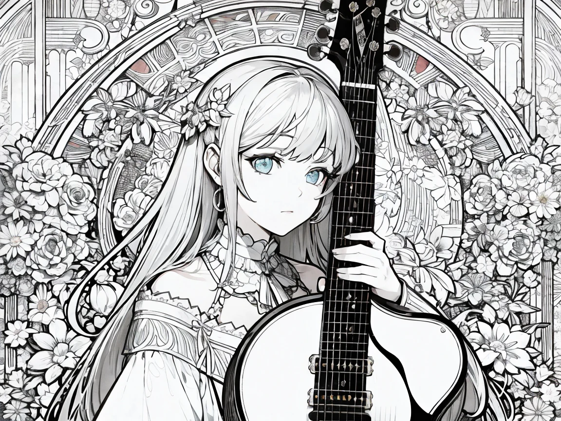 face portrait of a electric guitar,Gibson,No person,floral frame, Decorative panels, abstract artistic, by Alphonse Mucha (Masterpiece, Best Quality, Highres:1.4), Detailed, Intricate Details, 4K, color splashes, line art, fibonacci,