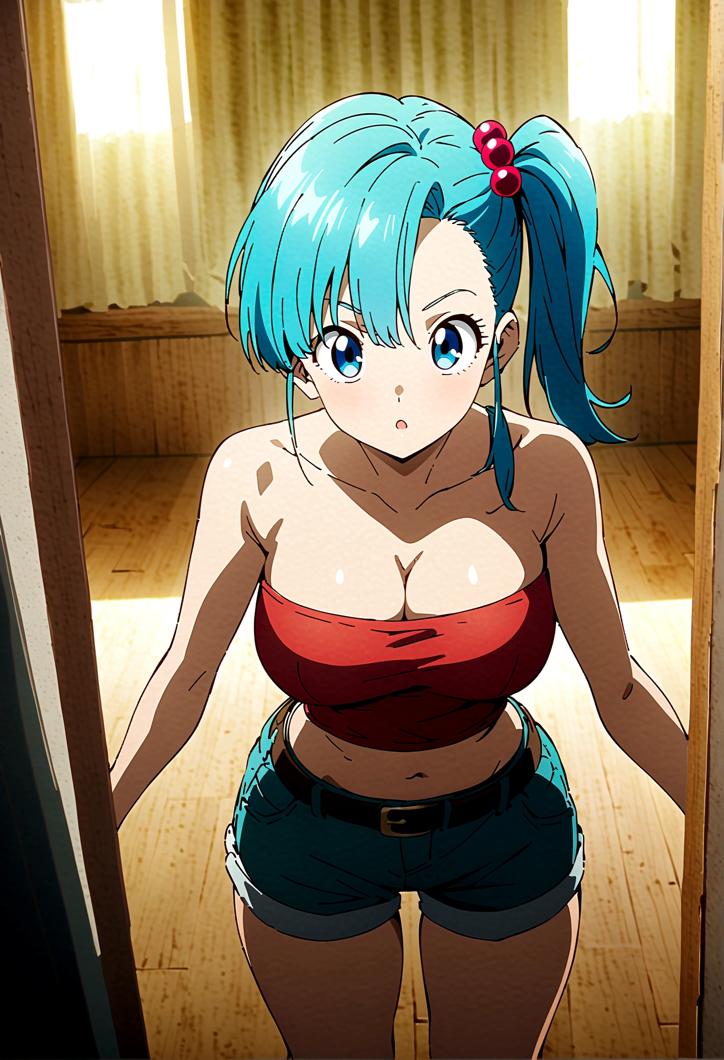  score_9, score_8_up, score_7_up, BREAK  ,from front,1girl,bulma, blue eyes, blue hair,bare shoulders, belt, cleavage, hair bobbles, hair ornament, hair over shoulder, ,large breasts,midriff, navel, one side up, red tube top, shorts, side ponytail, (strapless, tube top,),(,contrapost,standing),(best quality)),(aesthetic,very aesthetic),(beautiful face and body),anime style, key visual,anime_screencap:0.2 , highly detailed,masterpiece, best quality, (best aestethic:1.5) ,,cinematic lighting,great lighting:1.2,,studio anime,sharp focus,depth of field,vibrant colors,
