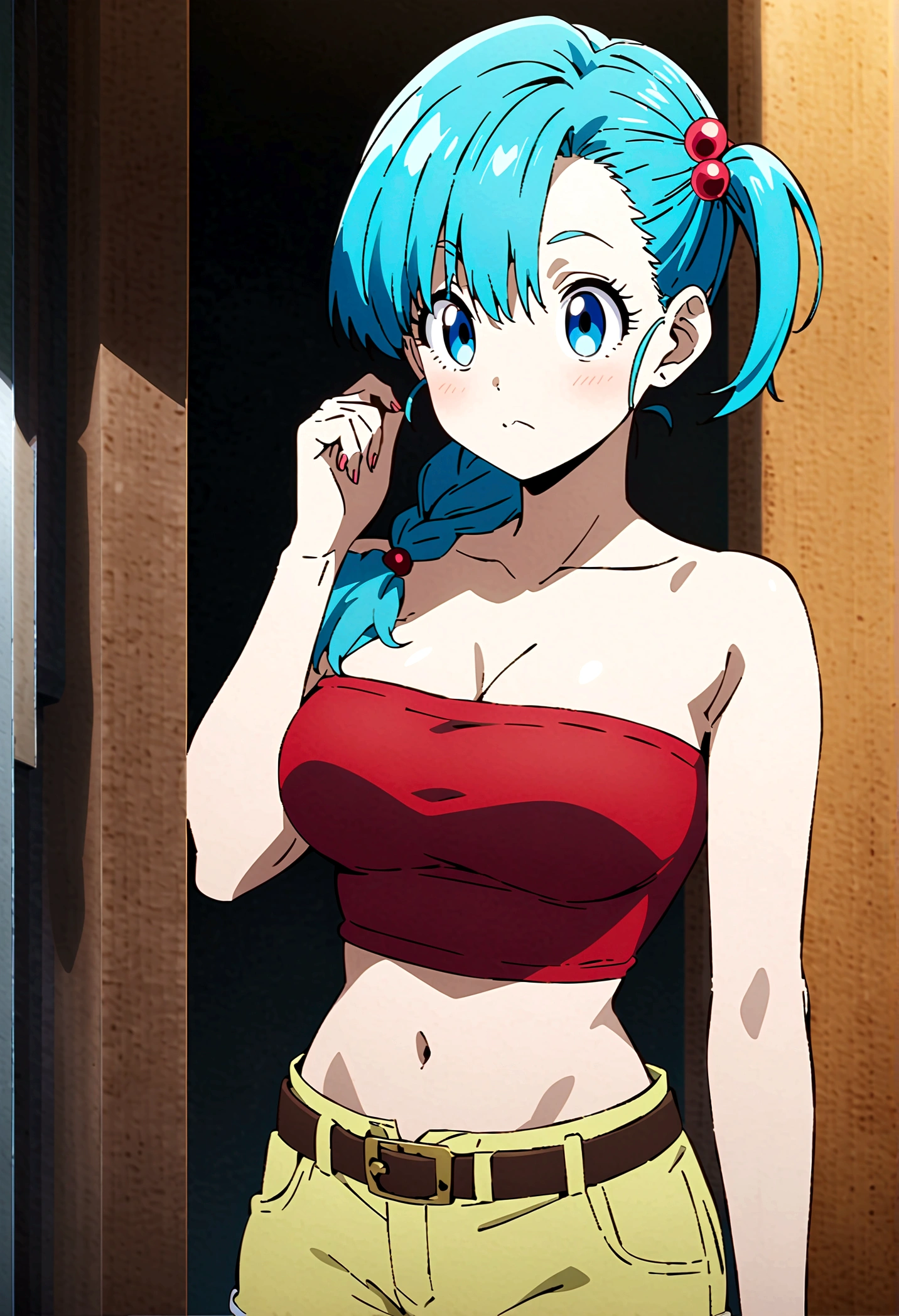  score_9, score_8_up, score_7_up, BREAK  ,from front,1girl,bulma, blue eyes, blue hair,bare shoulders, belt, cleavage, hair bobbles, hair ornament, hair over shoulder, ,large breasts,midriff, navel, one side up, red tube top, shorts, side ponytail, (strapless, tube top,),(,contrapost,standing),(best quality)),(aesthetic,very aesthetic),(beautiful face and body),anime style, key visual,anime_screencap:0.2 , highly detailed,masterpiece, best quality, (best aestethic:1.5) ,,cinematic lighting,great lighting:1.2,,studio anime,sharp focus,depth of field,vibrant colors,
