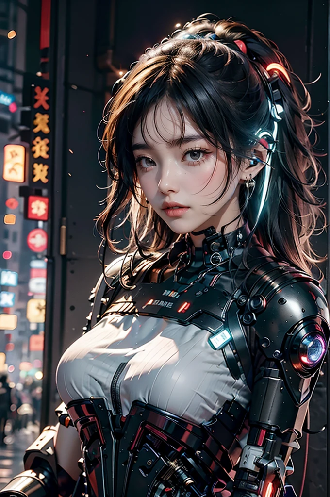 best quality,masterpiece,16K,1 Girl,Cyberpunk,earphone,机械earphone,夜光earphone,Broken Mechanical Jewels,technical background,Front view,Robotic Arm,earphone的机械结构类似手枪,Slightly expose the chest,多光源earphone,机械结构超复杂的earphone,Multi-light source neck protection,Glows red,形状怪异的机械earphone,超复杂机械earphone,Black mechanical armor,Multiple light points throughout the body,City background,Multi-light background,Skyscraper,night