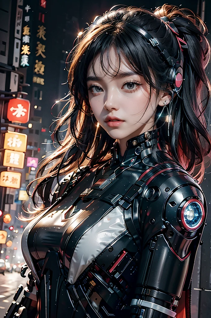 best quality,masterpiece,16K,1 Girl,Cyberpunk,earphone,机械earphone,夜光earphone,Broken Mechanical Jewels,technical background,Front view,Robotic Arm,earphone的机械结构类似手枪,Slightly expose the chest,多光源earphone,机械结构超复杂的earphone,Multi-light source neck protection,Glows red,形状怪异的机械earphone,超复杂机械earphone,Black mechanical armor,Multiple light points throughout the body,City background,Multi-light background,Skyscraper,night