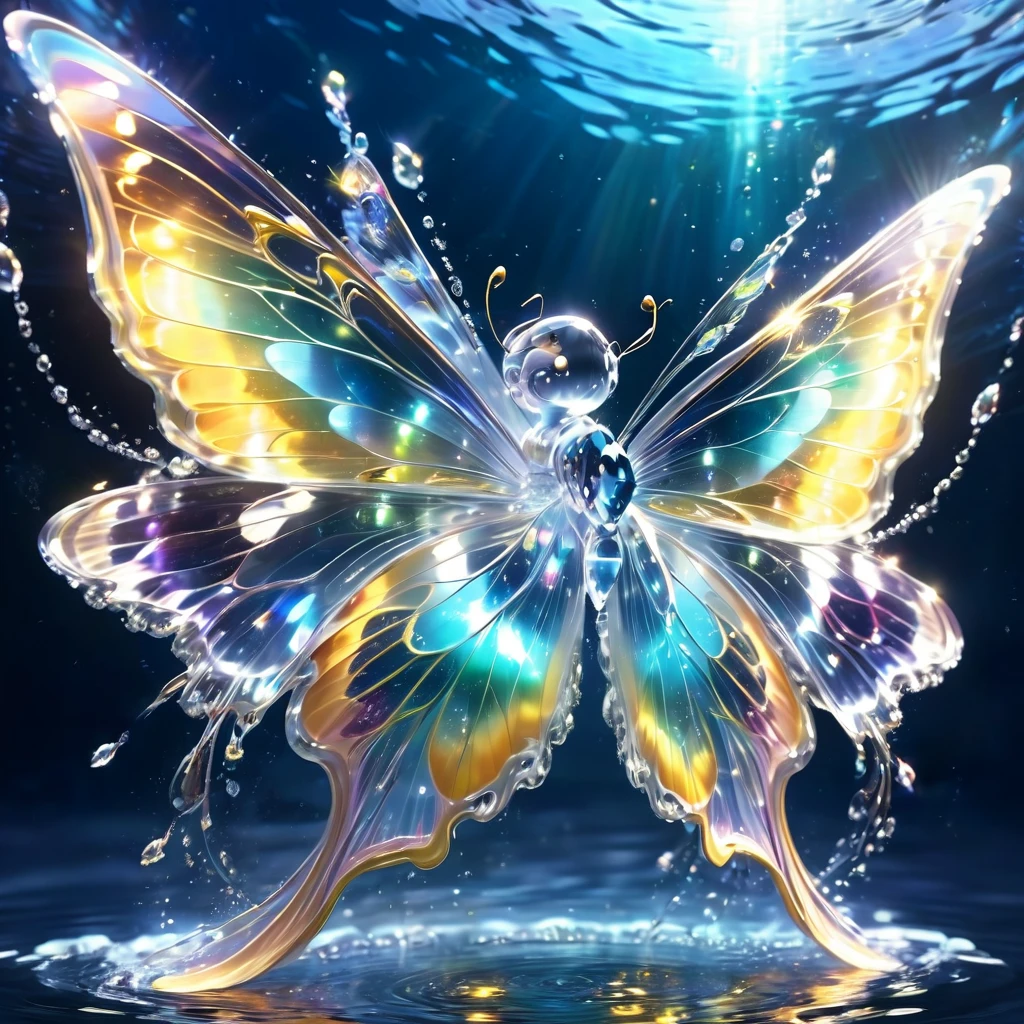 Plunge into the sea：1.5，（Butterfly flapping its wings：1.5），Light Powder：1.5，Crystal butterfly,butterflys,beautiful wings, Transparent body, Sparkling Crystal, delicate tentacles, Colorful, surreal background, ether light, flickering reflection, intricate-detail, Enigmatic atmosphere,dream-like, intergalactic, cleanness, glinting, glinting, Gorgeous, Colorful, Great cinematography, dramatic lights, photorealisim, ultra - detailed, 4K, depth of fields, hight resolution，zoomout：1.8