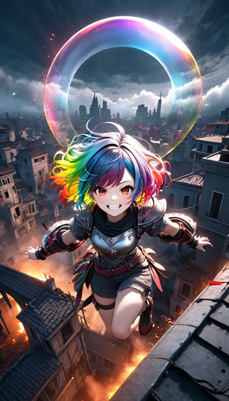 From above, Highest quality, Highest quality, 16K, Unbelievably absurd, Very detailed, 3D, delicate and dynamic, Ruthless, Cool and beautiful female warrior, Shining Rainbow Perspective, Rainbow colored messy wavy short hair, Captivating look, Excited expression, Teasing Smile, Grin, Mischievous Smile, Heavy Armor,Ominous Aura Swirl Effect, Background Rooftop Ruins City, Big Red Full Moon, Exposed Steel, Flying glass, spark, cigarette, fog, Spooky atmosphere colors, Slow-motion effect, Dark fantasy