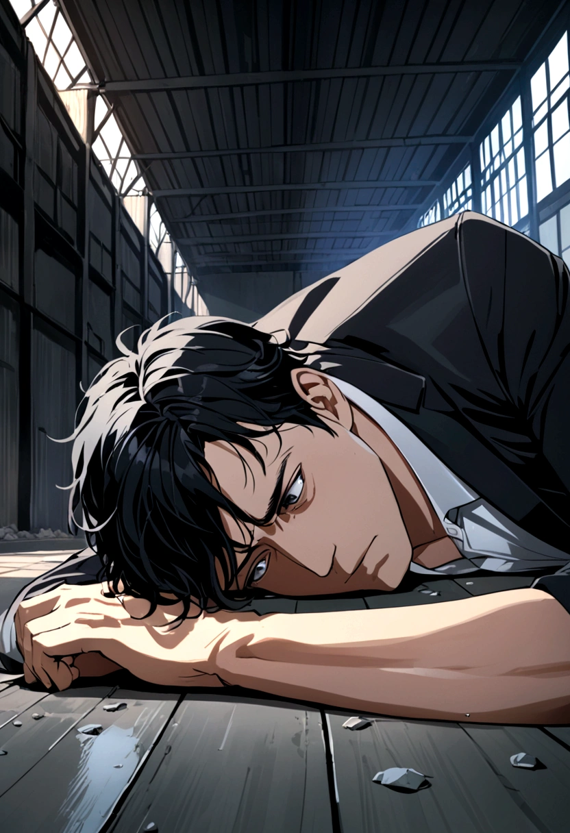 (best quality)), ((masterpiece)), (detailed), a man, short black hair, weak black eyes, looking forward, a single tear falling down his face, lying on the floor in a prone position, hands limp in front of him, with a dark warehouse in the background