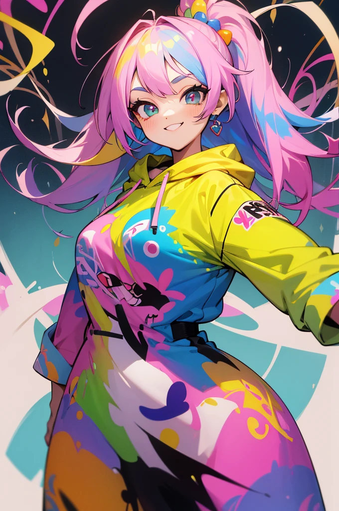 Master masterpiece, hightquality, hight resolution, absurderes, ultra-detailliert, 1girl in, Multi-colored hair, ,Bright smile,Well-formed face,Dynamic Poses,Cute, Pop,Colorful hair、Big eyes,Gradient Hair, Colorful eyes, colorful hoodie, (graffiti murals wall background: 1.15),