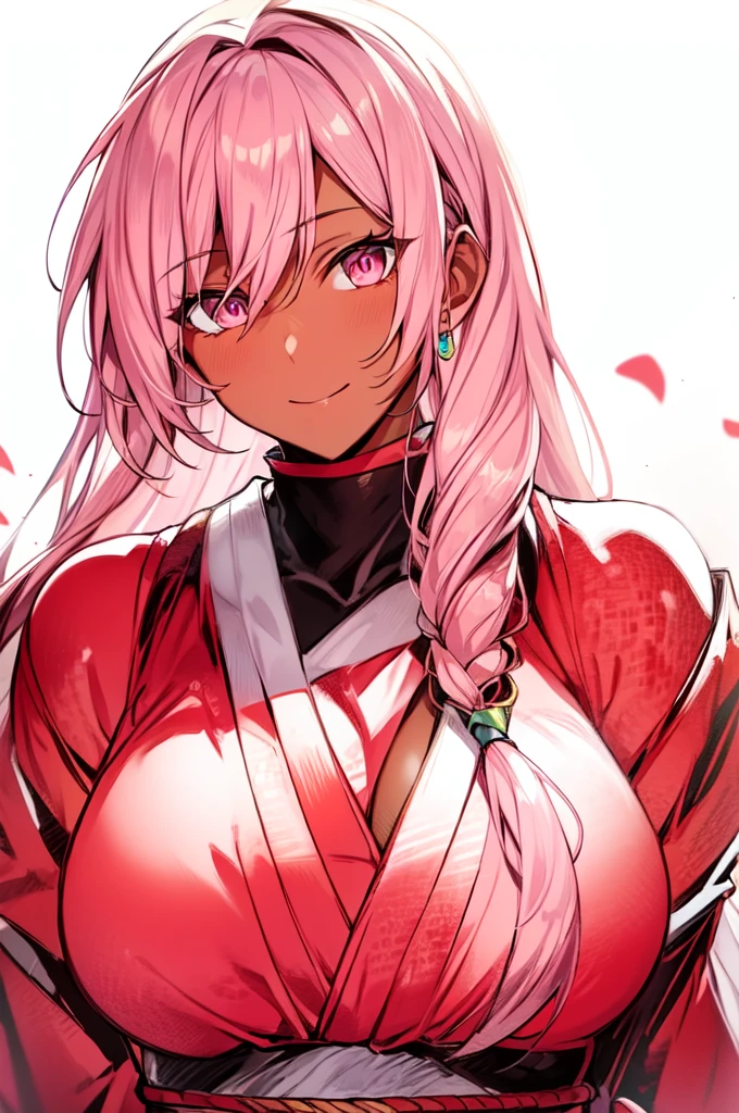 ((spiked hair)), ((long hair)), ((curvy body)), ((light pink hair)), ((pink eyes)), ((cheerful expression)), (shinobi clothing)), ((dark skin)), ((flowers)), ((complementary colors)), ((mature female)), 1girl, beautifully drawn, high resolution illustration, best quality, High definition, ((detailed anime sketch)), Masterpiece, (solo), absurdres, portrait, ((upper body)), detailed background, fine detail, female focus, HDR,
