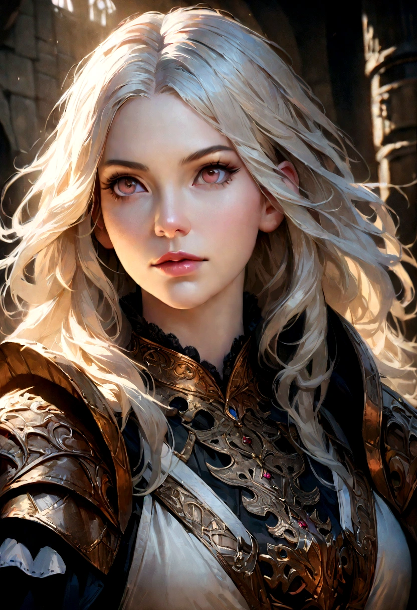 a beautiful white-haired girl in medieval semi-armor, detailed and realistic portrait, high-quality detailed face, delicate facial features, piercing eyes, long eyelashes, intricate armor design, ornate details, medieval fantasy, cinematic lighting, dramatic colors, digital painting, (best quality,8k,highres,masterpiece:1.2),ultra-detailed,(realistic,photorealistic,photo-realistic:1.37),dramatic lighting,cinematic composition,vibrant colors,highly detailed