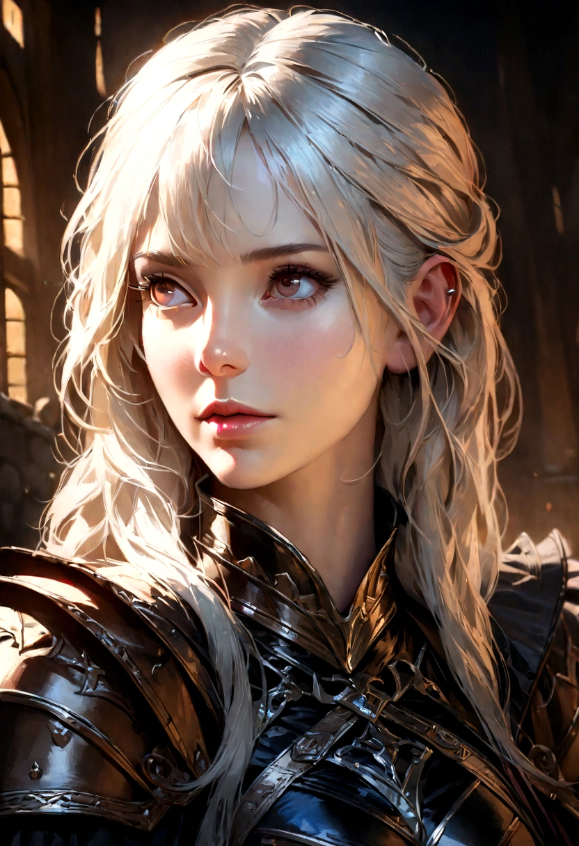 a beautiful white-haired girl in medieval semi-armor, detailed and realistic portrait, high-quality detailed face, delicate facial features, piercing eyes, long eyelashes, intricate armor design, ornate details, medieval fantasy, cinematic lighting, dramatic colors, digital painting, (best quality,8k,highres,masterpiece:1.2),ultra-detailed,(realistic,photorealistic,photo-realistic:1.37),dramatic lighting,cinematic composition,vibrant colors,highly detailed
