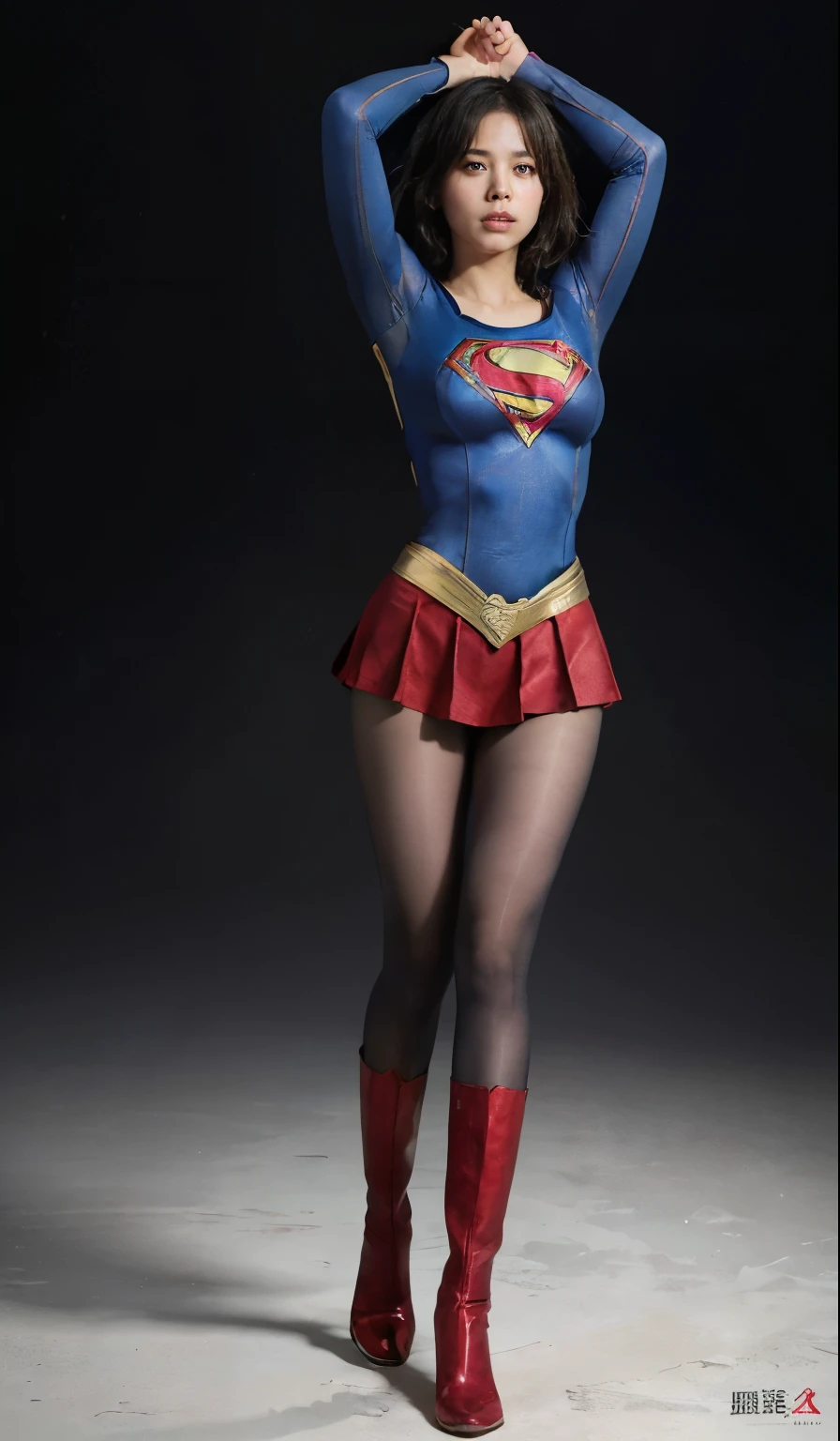 No background、extinct、She always has a troubled look on her face、Always close your eyes、Always keep your arms upおく、Always keep your arms up、(((Beautiful legs in black tights.)))、(((Stretch your legs、expensive、あなたのsufferingを合法的に表現する)))、((((Make the most of your original images)))、(((Supergirl Costume)))、(((Beautiful short bob hair)))、(((suffering)))、(((Black tights legs、Wear red boots)))、((Best image quality、8k))、((Highest quality、8k、masterpiece:1.3))、(((Preserve background )))、Sharp focus:1.2、Beautiful woman with perfect figure:1.4、Slim Abs:1.2、Wet body:1.5、Highly detailed face and skin texture、8k