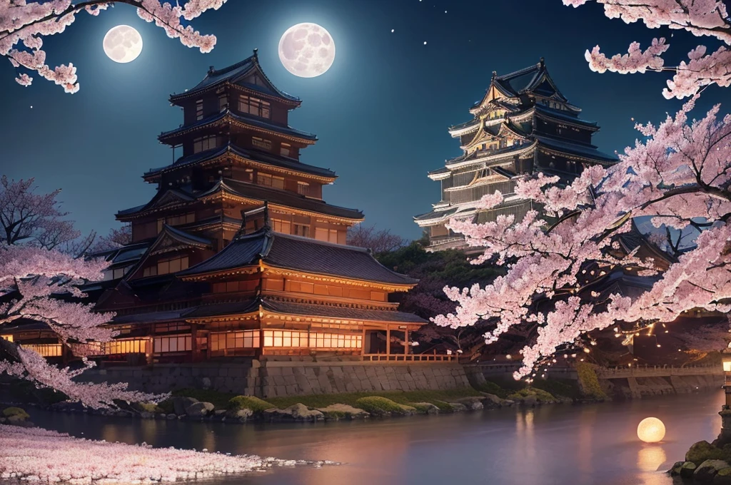 Absurd,High resolution,Super detailed,(Accurate and unparalleled illustrations:1.3),(Illuminated night cherry blossoms:1.3),(A Japanese castle is built on a ship:1.4),Castle of the Japan in motion,(Water transportation:1.2),(full moon:1.3),(Autumn leaves and fog:1.2)