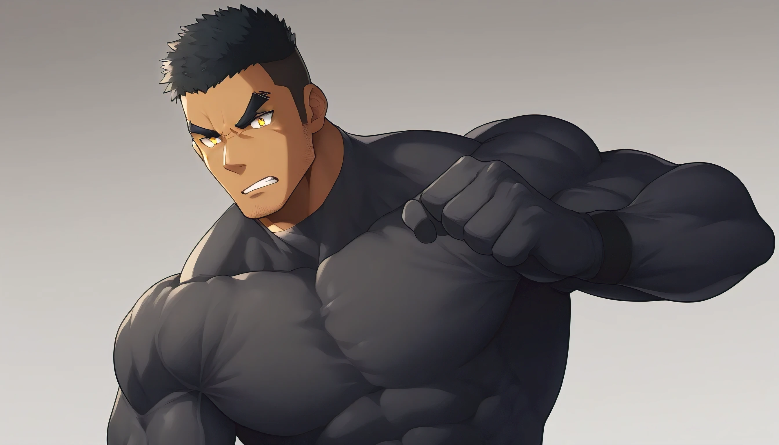 negro, negro, negro, anime characters：Gyee, Muscle Sports Student, negro black skin, 1 muscular tough guy, Manliness, male focus, Dark grey long sleeve tights, Very tight, The pectoral muscles are oversized, Slightly transparent, muscular male, muscular, only, Upper body, alone, Black short hair, Thick eyebrows, stubble, Yellow eyes, White background, simple background, amazing quality, best aesthetics, Ridiculous, bright pupils, crew cut, parted lips, v-shaped eyebrows, jitome, best quality