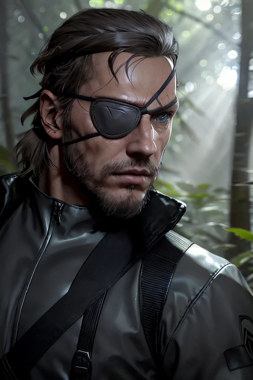 sneaking suit, 1boy, BIGG BOSS\(Metal Gear Solid)\, blue eyes, brown hair, facial hair, (single eyepatch:1.2), (grey headband:1.3), BIGG BOSS on a mission into a deep forest, sunlight through trees, Tyndall effect, portrait, (best composition), (Masterpiece), (Best Quality), (Ultra high Detailes), intricate details, intricate details