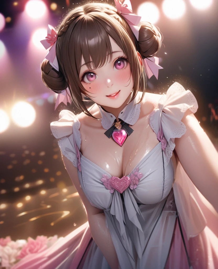 One Girl、Looking at the audience、lovely,
Beautiful pink eyes、Two brown double hair buns , Mole under the eye、Plump and glossy lips、Heart-shaped choca、Idol、Her name is May,smile、ー、。.。.。.。.。.。.。.。.。.。.。.。.。.。.。.。.。.。.3D、Realistic、
The idol's costume was soaked in the heavy rain, and her chest was wet and transparent.Heavy rain at outdoor concert, Drape clothes、gem、The decoration has been removed、Floral、Lace trim,On a glittering stage、
masterpiece、highest quality、8k、Detailed skin texture、Detailed cloth texture、Beautifully detailed face、Intricate details、Very detailed、
超A high resolution、8k Ultra HD、Film Grain、Best Shadow、delicate、Gazing at the audience、front