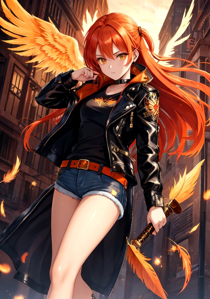 Fashion female assassin, 19 years old, With short fiery orange hair and a deep voice. She embodies the essence of the Phoenix. She is wearing a black leather jacket and denim shorts, A dagger stuck in the thigh. Her leather jacket has an intricate pattern of phoenix feathers, She has a phoenix tattoo on her arm. She stands confidently against the backdrop of the city, Exudes a strong and rebellious attitude. Her eyes sparkled with gold.