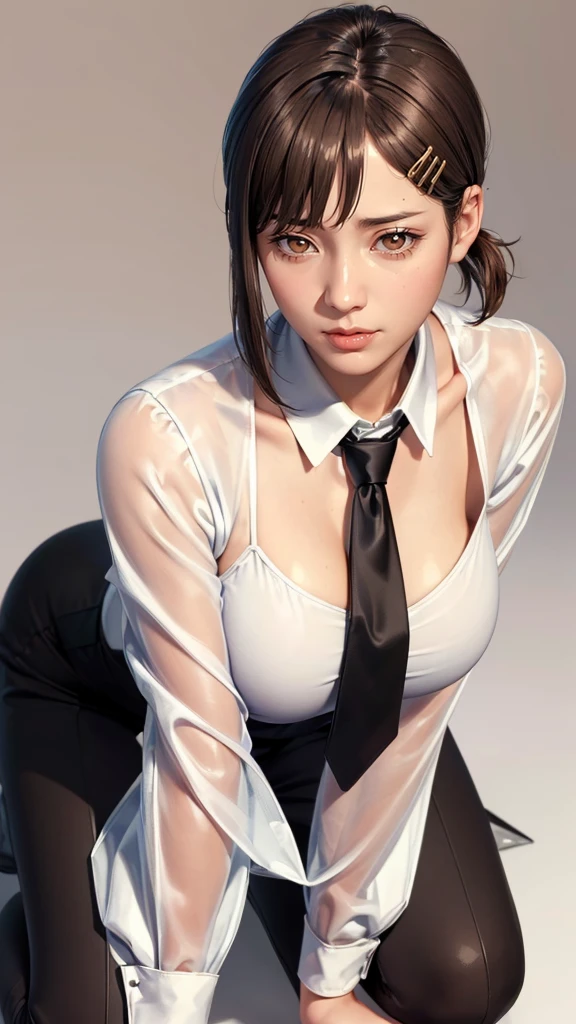 (((Perfect body,White and tender skin,(((black necktie, black pants, business suit, formal, long sleeves, necktie, pants, suit,,))),(((kobeni higashiyama, black hair, hair ornament, hairclip, ponytail, short hair, (brown eyes:1.5),))),((masterpiece)),highres,((Best quality at best)),masterpiece,quality,Best quality,((( Exquisite facial features,Looking at the audience,There is light in the eyes,(((pain,endure))),))),(((Light and shadow,Huge breasts,))),(((Looking at the camera,White background))))