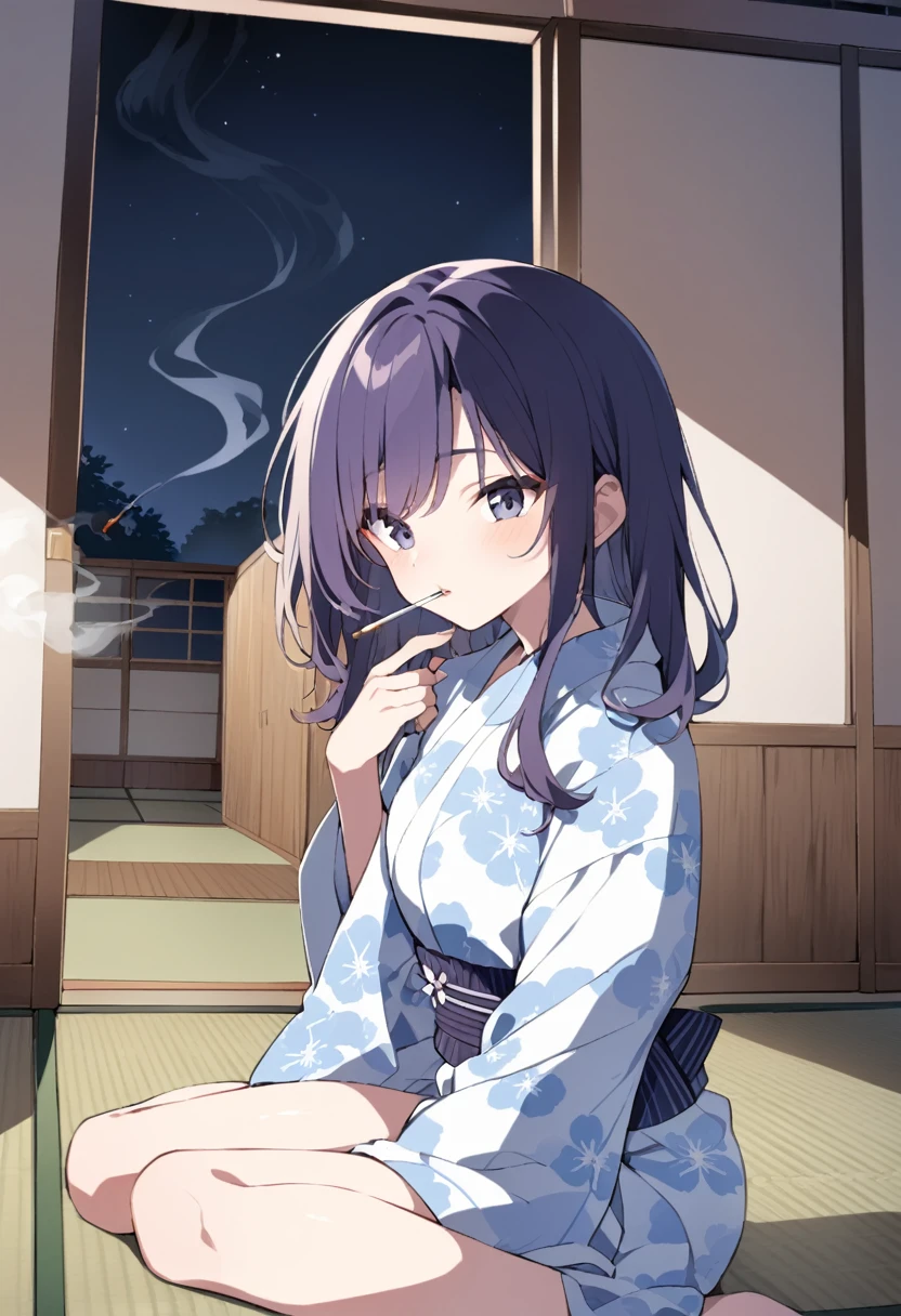 Showa Japan,Smoking in a tatami room,yukata,night