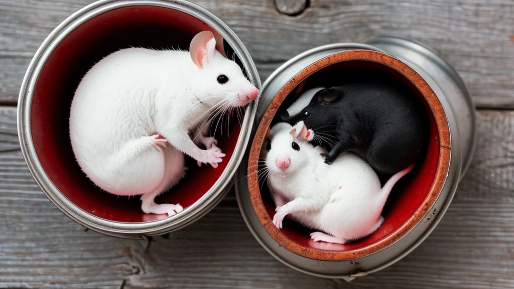 create a closeup macro photo of a white mouse and a black mouse snuggling in yin yang position in a shallow tin can on a red weathered wood surface, dinematic, dramatic, viewed from above, focus on mice