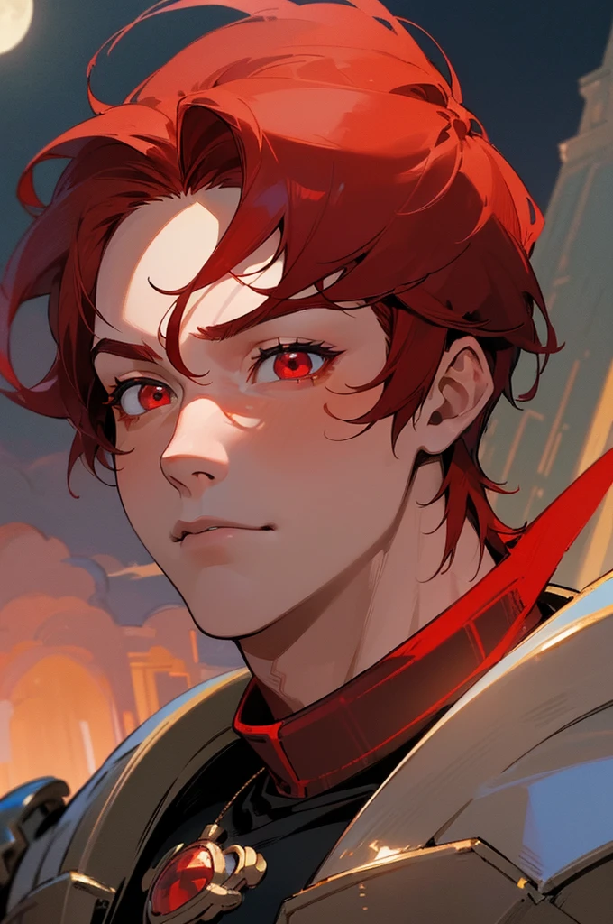 masterpiece, best quality, ((((1boy)))), (colorful),(finely detailed beautiful eyes and detailed face),cinematic lighting,extremely detailed 8k wallpaper, sky, cloudy_sky, building, moonlight, moon, night, (dark theme:1.3), light, fantasy, (((Only one character))), 1 boy, (((red hair))), (((red eyes))), Final Fantasy XIV, Armor (((muscular))) ((close up shot)) ((best face)) ((Male))