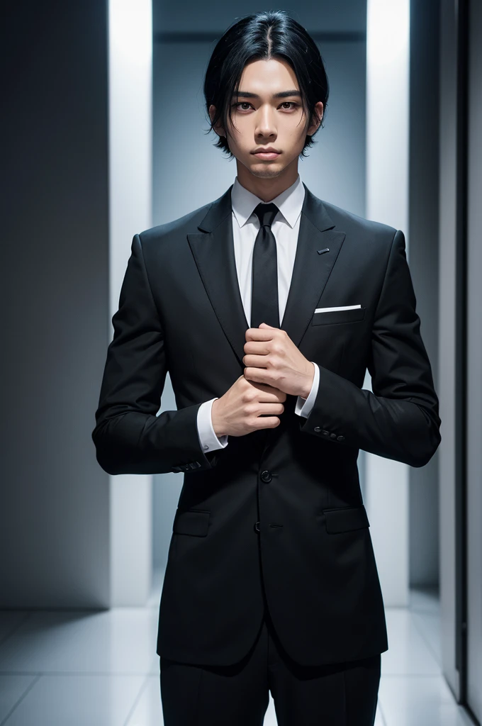 Q a man in a black suit with light skin color, a white power in his hands and with dark, straight anime-style black hair