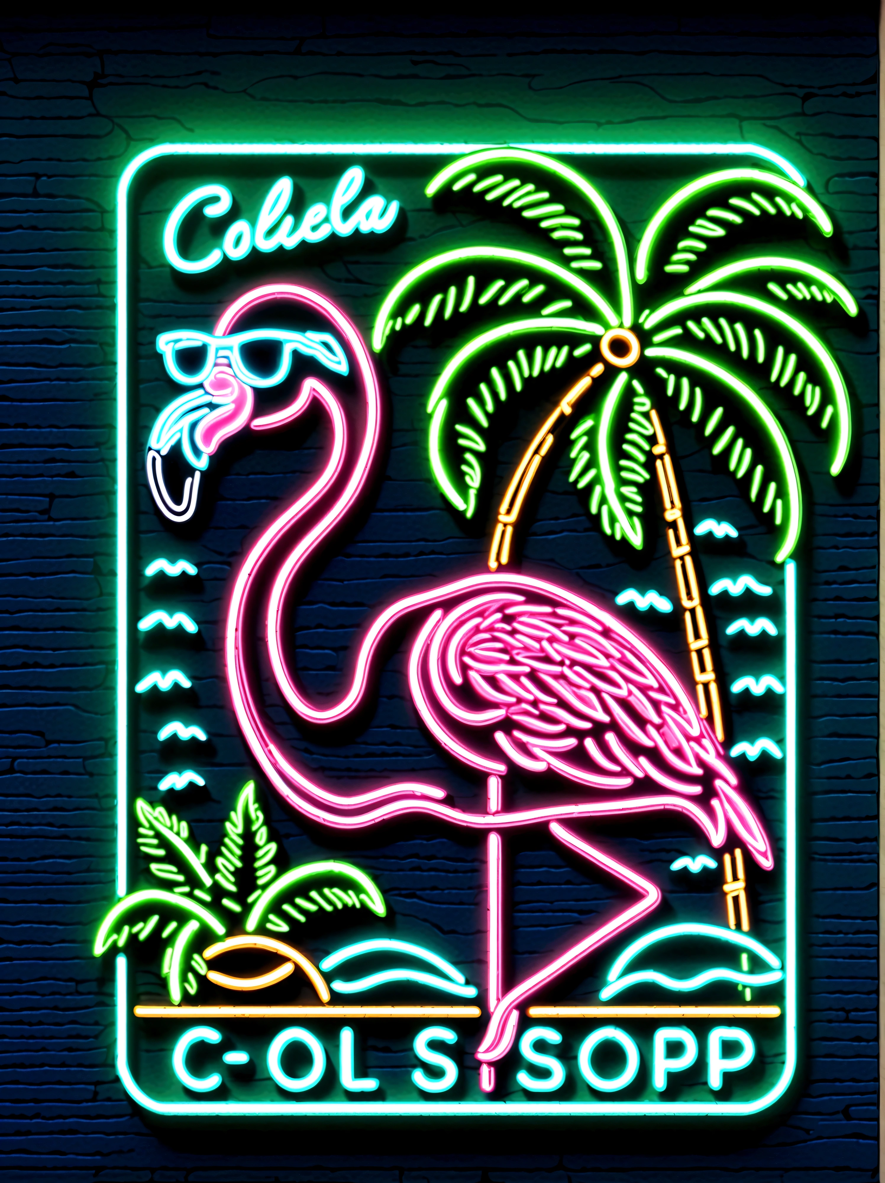 Neon，Shop sign，Tropical scene，coconut tree，Sea，Cool flamingo wearing sunglasses，发光的NeonShop sign，Ultra high saturation，Bright colors