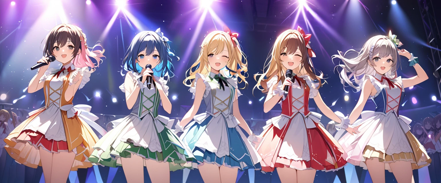 (Highest quality、Very detailed、Very detailed and beautiful、Ultra-high resolution) 、(((Close-up)))、A five-member idol group、5 girls、Random hair color、Random hairstyle、Live Stage、Glittering lighting、Sing and dance、Idol Costumes、cute、、Idol Master
