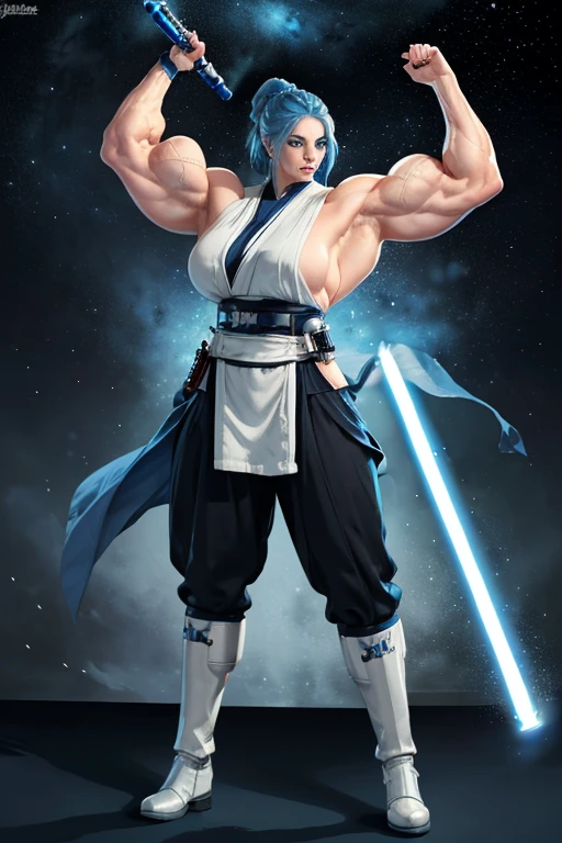 (((Massive, tall, beautiful, buff, muscular pale white skinned female Jedi with royal blue hair, black lipstick, ginormous bulky muscles, holding a lightsaber and wearing an all royal blue Jedi outfit and Jedi pants))), (((close view))), black eyeliner, massive muscles, massive biceps, hyper muscle triceps, (long curly wavy hair), white eyes, Jedi boots, In space, Jedi outfit, Jedi pants, nighttime, confident smile, hyper muscles arms, hyper muscle legs, (ginormous arms)