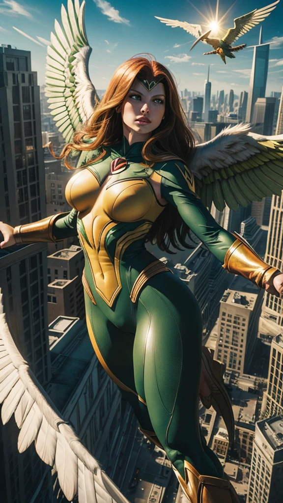 SHAYERA, HAWKGIRL (( DC COMICS )) , FLYING OVER CITY, DAYLIGHTS, SUN, BUILDINGS, GREEN YELLOW BODYSUIT, WHITE WINGS, WINGED WOMAN, MASTER PIECE OF ART, HIGH DETAILED IMAGE.