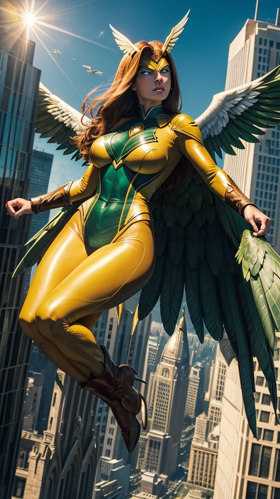 SHAYERA, HAWKGIRL (( DC COMICS )) , FLYING OVER CITY, DAYLIGHTS, SUN, BUILDINGS, GREEN YELLOW BODYSUIT, WHITE WINGS, WINGED WOMAN, MASTER PIECE OF ART, HIGH DETAILED IMAGE.