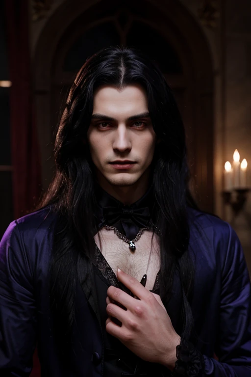 Lovely young handsome hetero Man Jinx Edward vampire with big indigo-eyes and gems and long black hair, with nice and delicate face, in a dark gothic magic castle with annie and claudia and Lestat, in Red Rose manor