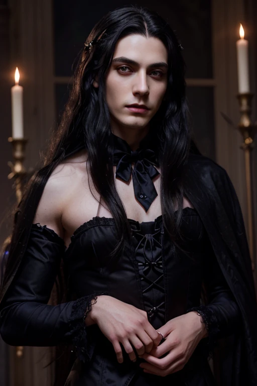 Lovely young handsome hetero Man Jinx Edward vampire with big indigo-eyes and gems and long black hair, with nice and delicate face, in a dark gothic magic castle with annie and claudia and Lestat, in Red Rose manor