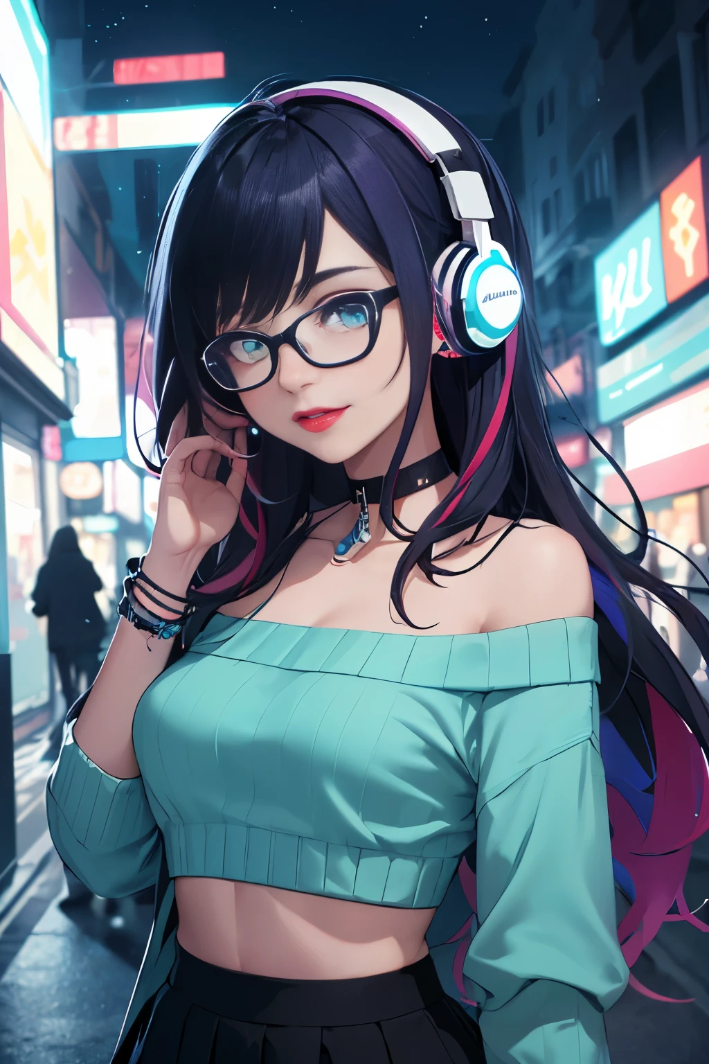 ((best quality)), ((masterpiece)), 8k, detailed eyes, perfect face, female, gamer girl, aqua eyes, cherry-red lips, light smile, long black hair, purple streaks, wearing headphones, nerdy glasses, bangs, ribbon, choker, bracelet, sleeves past fingers, white off-shoulder sweater, black skirt, nighttime, neon lights, colorful lights, purple and cyan themed background