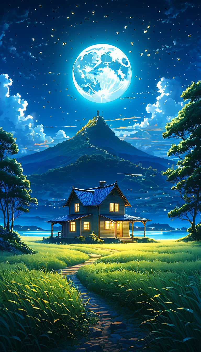 a country house, in the blue night, moon, grassland makoto shinkai cyril rolando, Fondo de pantalla de arte anime 4k, Fondo de pantalla de arte anime 4K, fondo animado, fondo de pantalla de arte anime 8 K, fondo animado art, Fondo De Pantalla De Paisaje De Anime, amazing wallpaper, hd wallpaper, fondo de pantalla animado 4k, fondo de pantalla animado 4k, arte de Aries Moros Arte digital 4k muy detallado style , Kilian Eng y Thomas Kinkade, Rob Gonsalves y Tim White., Silvain Sarrailh, rads and thomas kinkade, Inspirado en RHADS, cyril rolando and m.w kalut, cyril rolando and m. w kalut, rads!!! clear sky Fascinating lighting , emerging fireflies, insectos zumbando,.