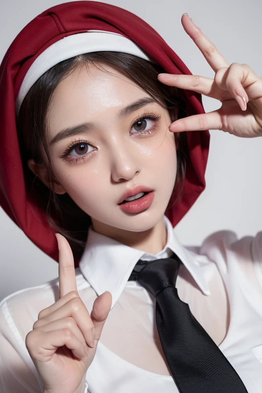 heart-shaped pupils，(sfw), (masterpiece:1.2), best quality, masterpiece, highres, original, extremely detailed wallpaper, (ultra-detailed), (best illustration), (best shadow), (Kobeni), big breasts, perky breasts, (white collared shirt), (wear luxury hijab), (blood stain:1.1), (horrified:1.2), (black necktie), (shirt stain), (stained), 1girl, looking at viewer, (scared:1.2), (tears:1.1), (brown eyes), (peace sign),tongue out, tongue, heart-shaped pupils