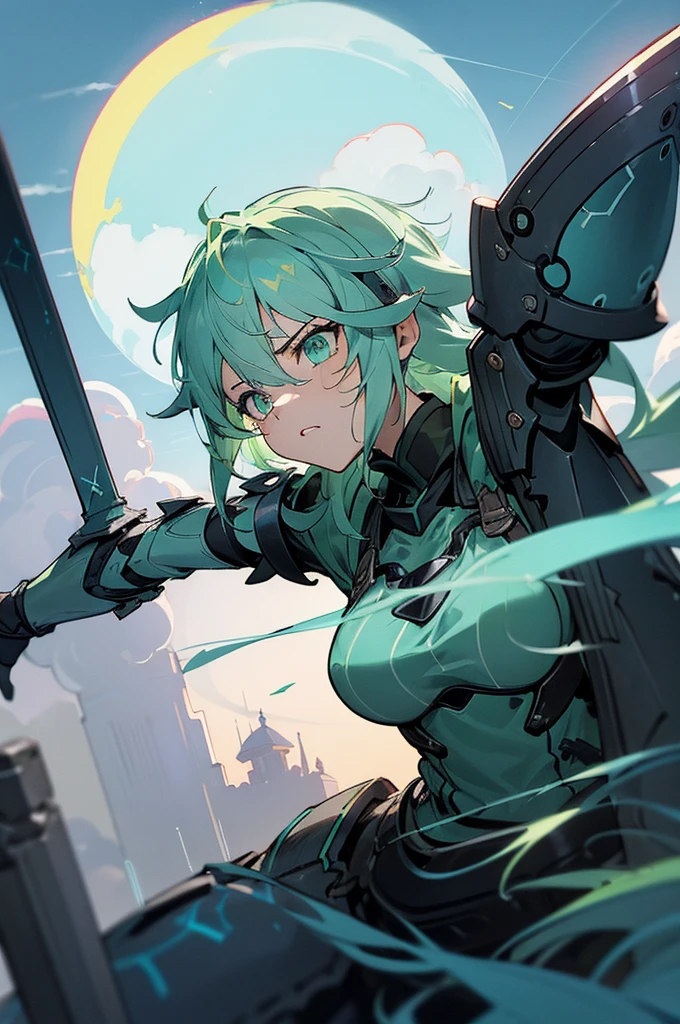 masterpiece, best quality, ((((1girl)))), (colorful),(finely detailed beautiful eyes and detailed face),cinematic lighting,extremely detailed 8k wallpaper, sky, cloudy_sky, building, moonlight, moon, night, (dark theme:1.3), light, fantasy, (((Only one character))), 1 girl, cyan hair, cyan eyes, Sinon Gun Gale Online, Final Fantasy XIV, fierce expression, ((Sinon)) ((Battle Armor)) ((Enraged)) ((Serious))
