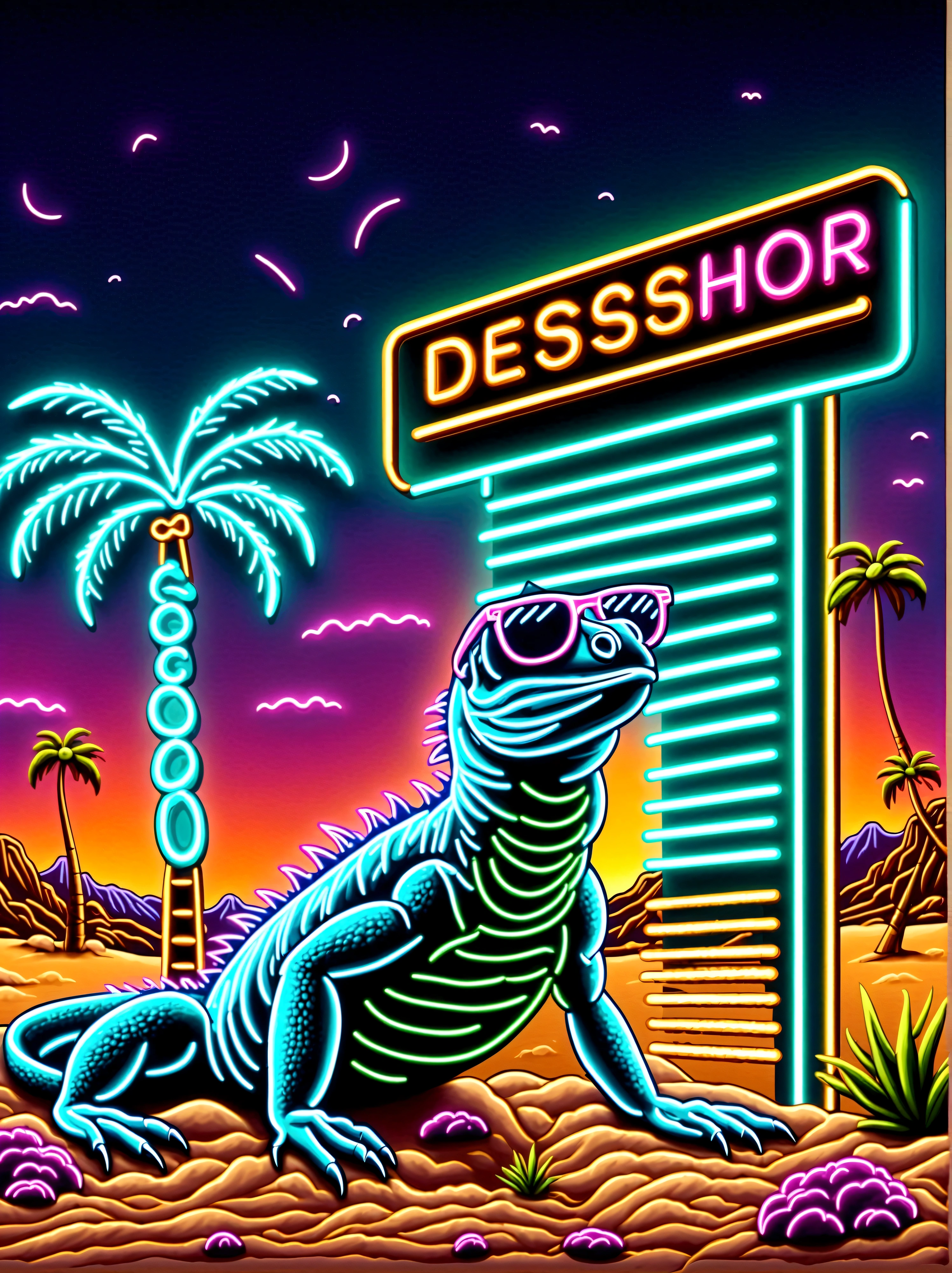 Neon，Shop sign，Desert Scene，Palm tree，dune，Cool lizard wearing sunglasses，发光的NeonShop sign，Ultra high saturation，Bright colors