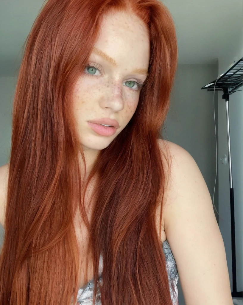 raw photo, (18yo redhead girl:1.2), graphic eyeliner, rouge, realistic skin texture, Freckles, green eyes, Pele branca clara, instagram style