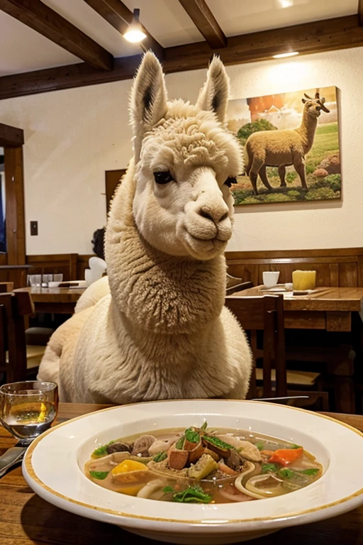 An alpaca eating at a Spanish restaurant in Saitama Prefecture。Soup on the table、Cutlery for the course meal is laid out