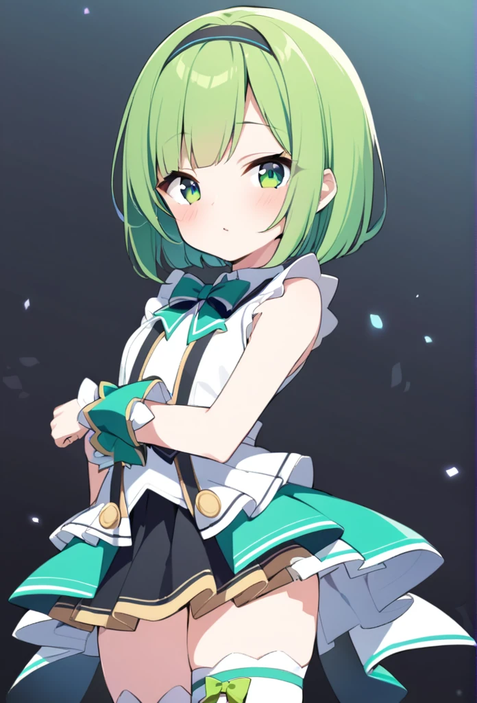 1 girl, cute, young, green hair, bob haircut, green eyes, idol costume, thigh high,