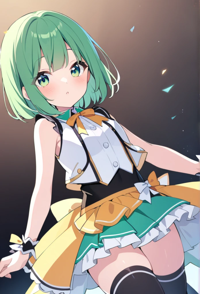 1 girl, cute, young, green hair, bob haircut, green eyes, idol costume, thigh high,