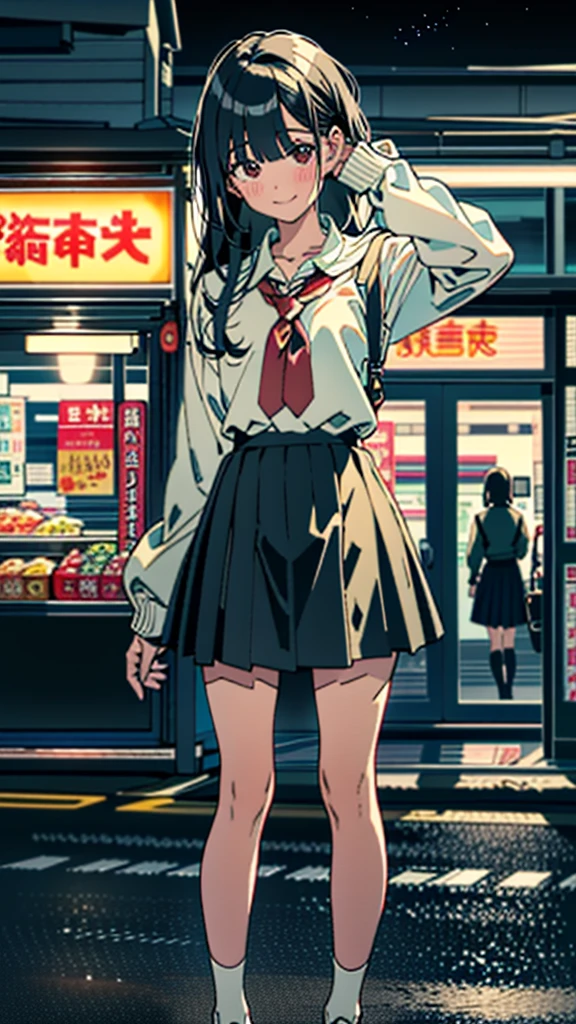 (8k, RAW Photos, 最high quality, masterpiece:1.2), high qualityのRAWカラー写真, Professional photo shoot, Cinematic Light, alone, (((young woman, Gal))), (Sharp features), (Small face), (Skin with attention to detail:1.2), clavicle, Cute face, Beautiful appearance, Long eyelashes,Girl Turning Around, smile, (Black Hair, Long straight line), high school student, Red tie, High 、White shirt, Short mini pleated skirt, Night Park, Confident attitude, Capture the happy moment, Artistic painting,Attractive thighs, loose socks:1.2, sneakers:1.2, (A very fine touch:1.2), (はにかんだsmile), Peaceful atmosphere, Oil painting style, Dark colors, (Are standing:1.5, Inside a convenience store, Full body portrait), Smooth texture, Gazing Eyes, Beautiful Skin, Shiny skin, ((Perfect Fingers, Five Fingers, Anatomically correct)), Background Blur, high quality, Surreal, ((Very detailed, photo shoot)),(Skirt flip、I can see her panties),,(((Skirt flip、Sexy panties are in sight)))、A large number of people、blush、glamorous、night、深night、Hide your eyes with one hand