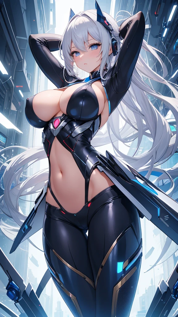 8K　4k　Beautiful images　masterpiece　Ultra-high quality　wallpaper　Beautiful woman super beautiful　Ultra-high resolution end of the century　The near future　Skyscraper　network　knife　Mechanical　mask　Robotic Arm　networkウェポン　networkマシンナリー　networkウォーリア　Breast augmentation　blue eyes　mask　 blush, Sexy pose, (Put your hands behind your head), Showing armpits, raise your arms, slim, Long legs, Mature women have very slim figures:1.3),Huge breasts:1.4 Huge breasts:1.4，full, Firm breasts，Showing cleavage，Nipple protrusion，Belly button full breasts, Large Breasts, Slender sexy legs， Put your hands behind your head((Clear nipples))、Rocket , (Large Breasts),（because I&#39;Thin）