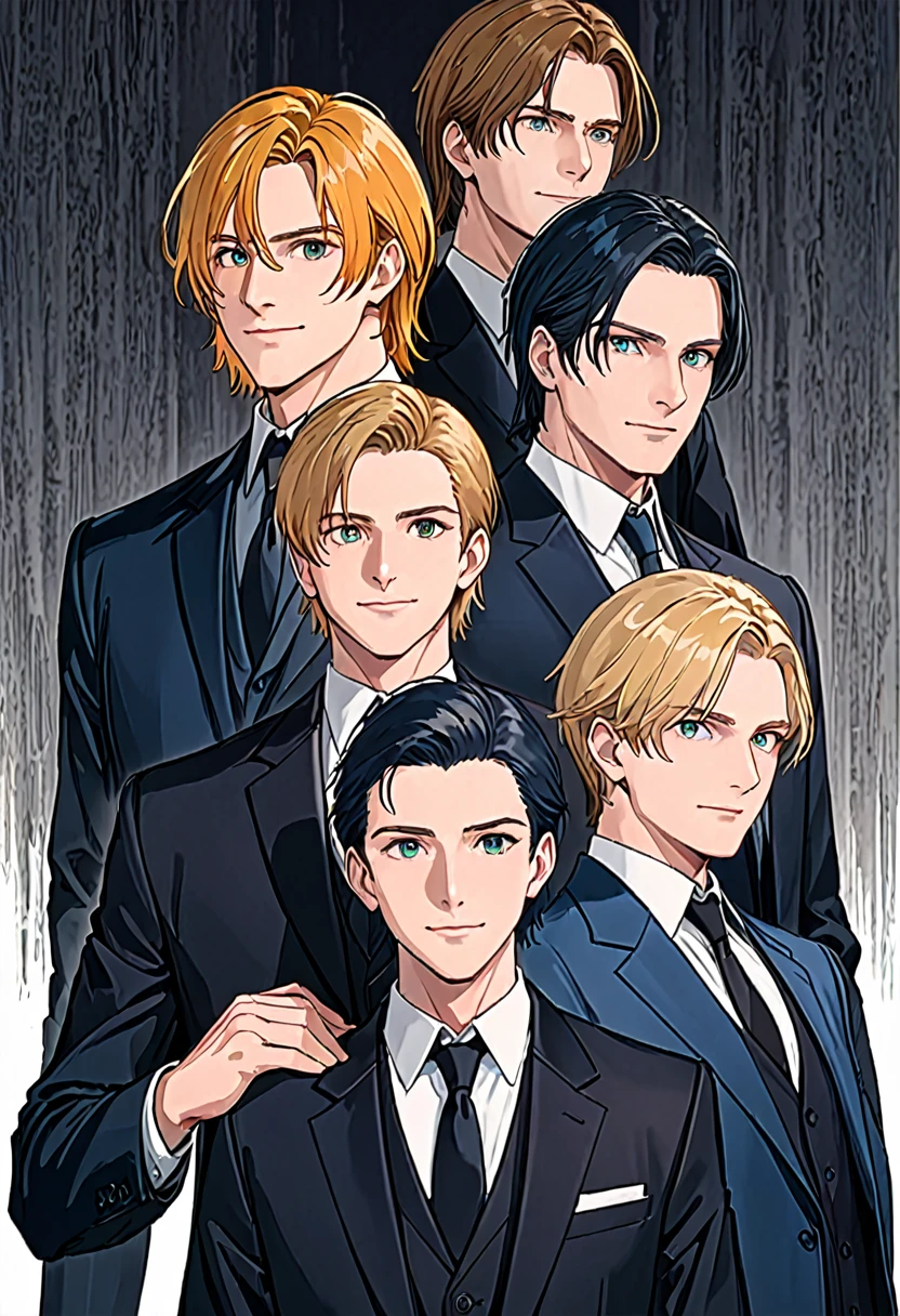 best quality)), ((masterpiece)), (detailed), perfect face of four men in suits. the first man has dark blonde hair and dark blue eyes and smirk, the second man has dark blue hair and brown eyes and mischievous serious smile, the third man has orange hair and brown eyes and didn't smile, the last man has blonde hair and dark green eyes and cold attitude.