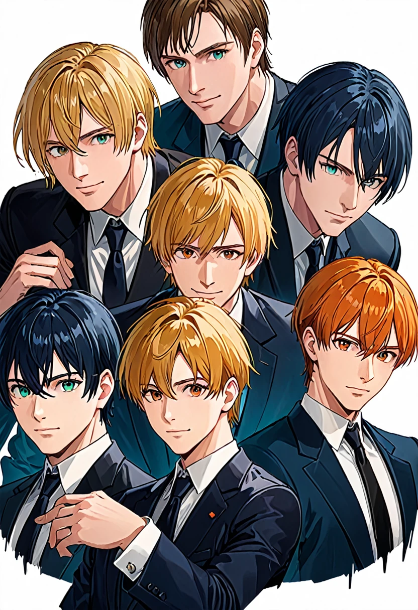best quality)), ((masterpiece)), (detailed), perfect face of four men in suits. the first man has dark blonde hair and dark blue eyes and smirk, the second man has dark blue hair and brown eyes and mischievous serious smile, the third man has orange hair and brown eyes and didn't smile, the last man has blonde hair and dark green eyes and cold attitude.