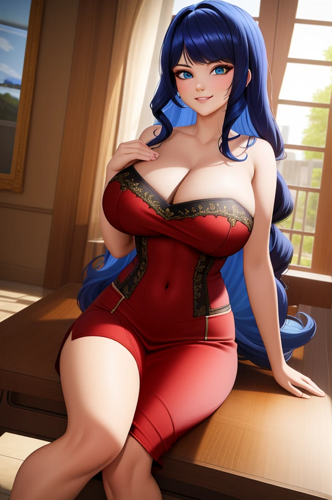 (8k, RAW photo, best quality, masterpiece:1.2), (intricate details), perfect eyes, perfect face, perfect lighting, beautiful, (masterpiece:1.2), (best quality:1.2), 1girl, solo, Marinette, blue hair, (( loosen hair, bangs )), adult torso, 19 years old, smirking, huge sized breasts, (fancy red pirate dress), cowboy shot, 3DMM, seated, front view