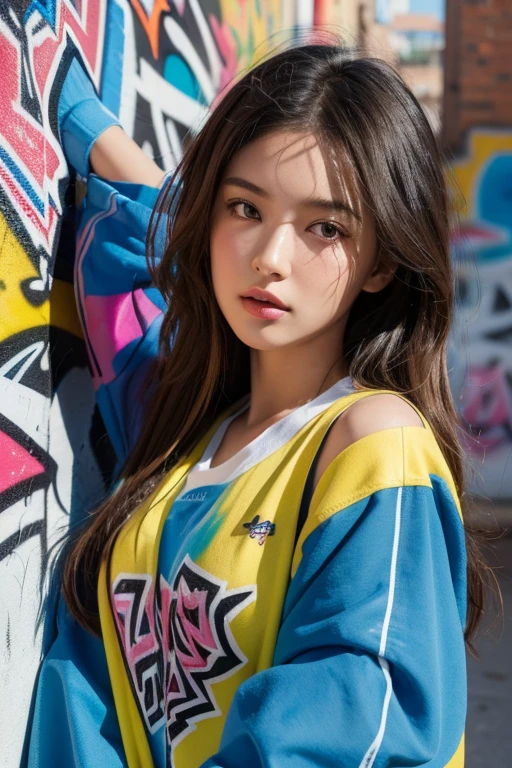 (best quality), masterpiece, extremely detailed CG uniform 8K illustration, high color, extremely high color saturation, all colors deepened, paint, graffiti art, center composition, extremely detailed light and shadow, graffiti wall, wall painted bright, 1 girl graffiti 1 girl looking at the wall, extremely detailed face and eyes, medium length hair, sportswear, colored clouds
