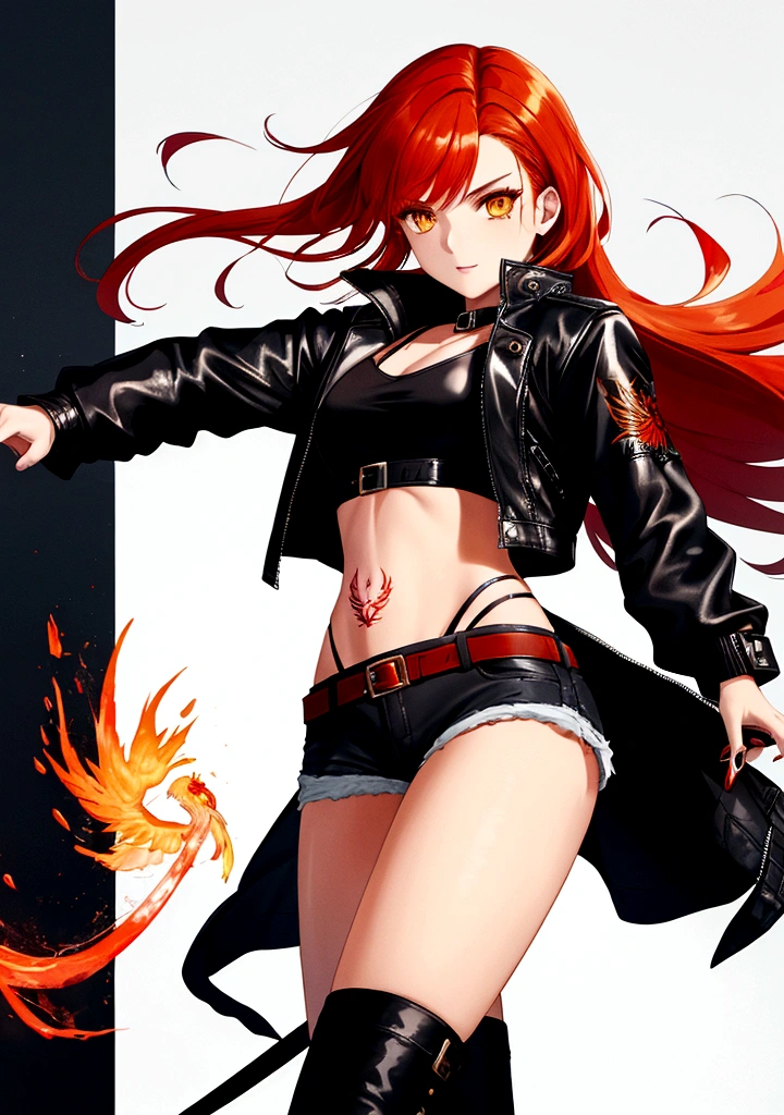 A stylish female assassin, 19 years old, with short fiery red-orange hair and a deep voice. She embodies the essence of a phoenix. She wears a black leather jacket and denim shorts, with a dagger attached to her thigh. Her leather jacket features subtle patterns of phoenix feathers, and she has a phoenix tattoo on her arm. She stands confidently against a pure white background, exuding a strong and rebellious attitude. Her eyes glow with a golden hue.