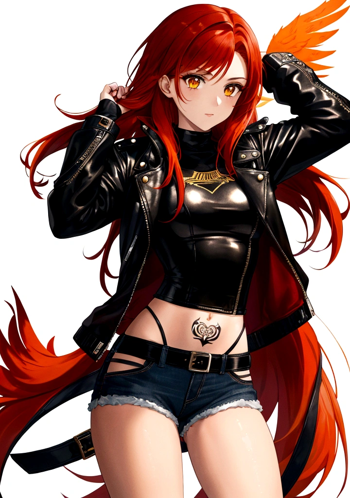 A stylish female assassin, 19 years old, with short fiery red-orange hair and a deep voice. She embodies the essence of a phoenix. She wears a black leather jacket and denim shorts, with a dagger attached to her thigh. Her leather jacket features subtle patterns of phoenix feathers, and she has a phoenix tattoo on her arm. She stands confidently against a pure white background, exuding a strong and rebellious attitude. Her eyes glow with a golden hue.