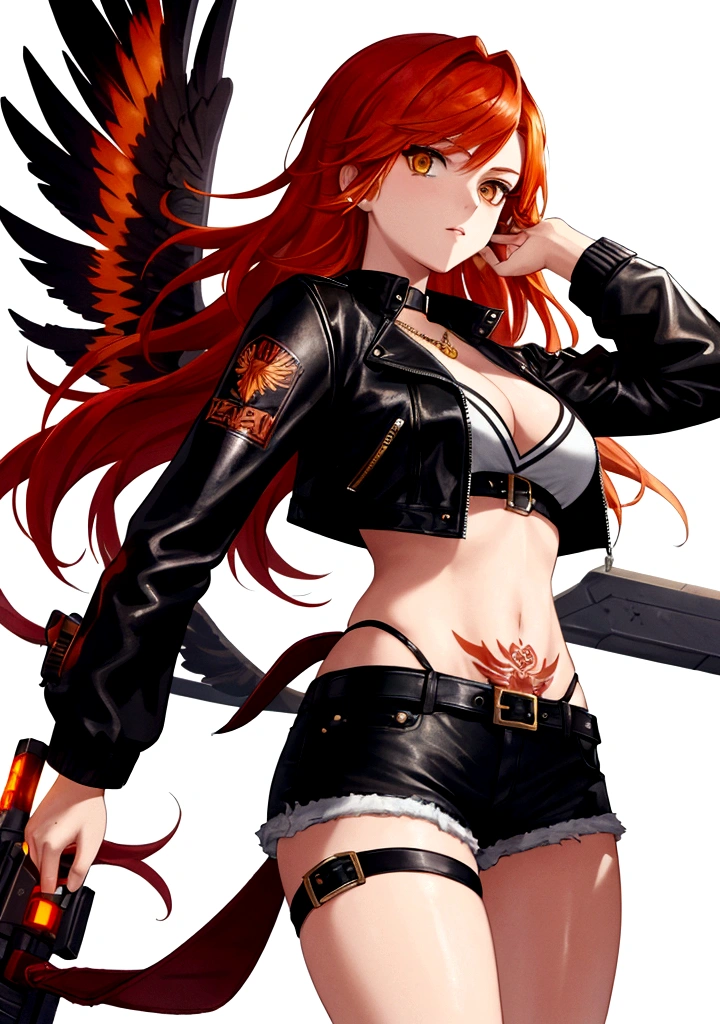 A stylish female assassin, 19 years old, with short fiery red-orange hair and a deep voice. She embodies the essence of a phoenix. She wears a black leather jacket and denim shorts, with a dagger attached to her thigh. Her leather jacket features subtle patterns of phoenix feathers, and she has a phoenix tattoo on her arm. She stands confidently against a pure white background, exuding a strong and rebellious attitude. Her eyes glow with a golden hue.