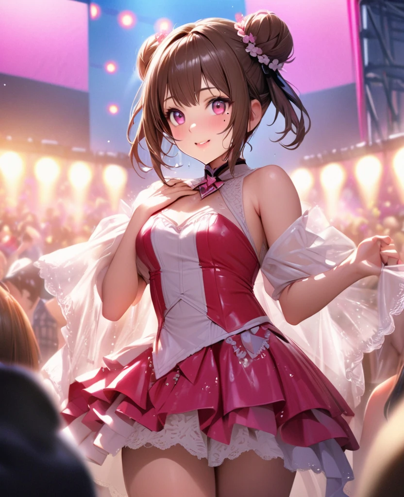 One Girl、Looking at the audience、lovely,
Beautiful pink eyes、Two brown double hair buns , Mole under the eye、Plump and glossy lips、Heart-shaped choca、Idol、Her name is May,smile、ー、。.。.。.。.。.。.。.。.。.。.。.。.。.。.。.。.。.。.3D、Realistic、
The idol's costume was soaked in the heavy rain, and her chest was wet and transparent.Heavy rain at outdoor concert, Drape clothes、gem、The decoration has been removed、Floral、Lace trim,On a glittering stage、
masterpiece、highest quality、8k、Detailed skin texture、Detailed cloth texture、Beautifully detailed face、Intricate details、Very detailed、
超A high resolution、8k Ultra HD、Film Grain、Best Shadow、delicate、Gazing at the audience、front