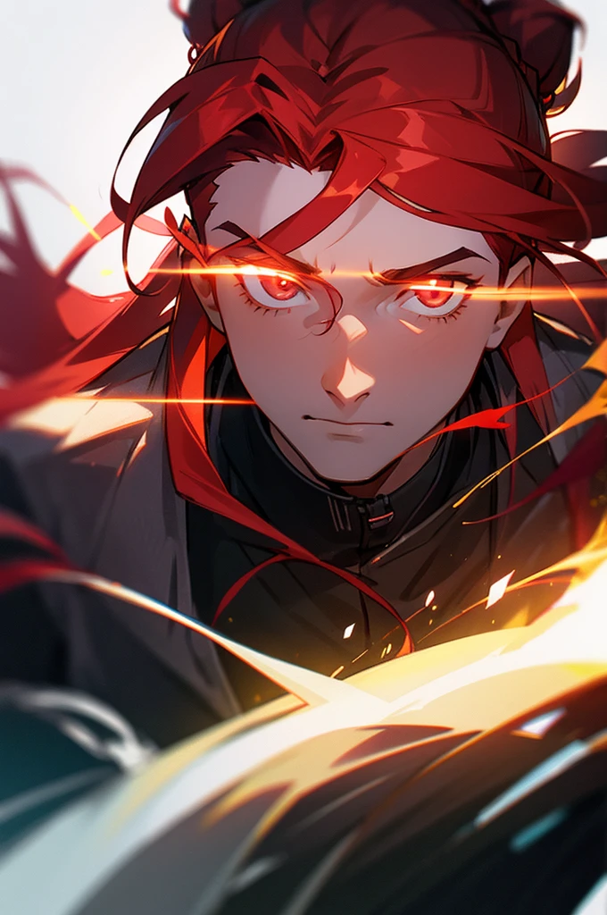A boy with long red hair tied in bun determines, glow effect, hyperdetailed